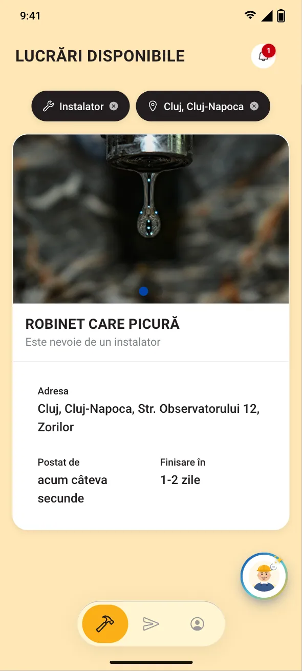 Lista „Lucrări disponibile” a unui meșter: cererea „Robinet care picură”, cu poză și meserie (exemplu).