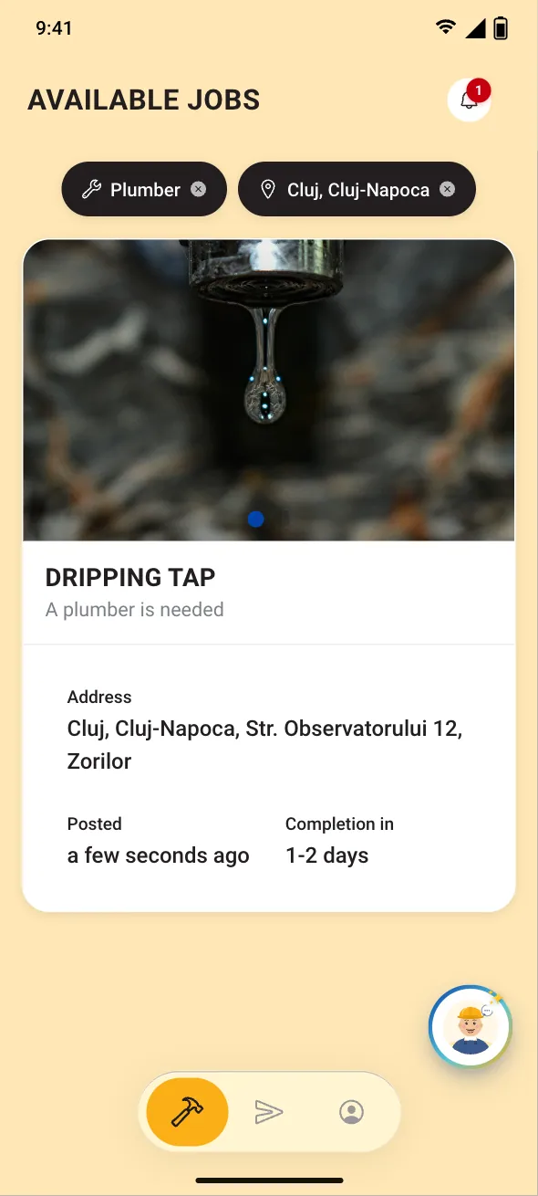 A tradesperson’s “Available jobs” list: the “Dripping tap” request, with a photo and the trade (example).