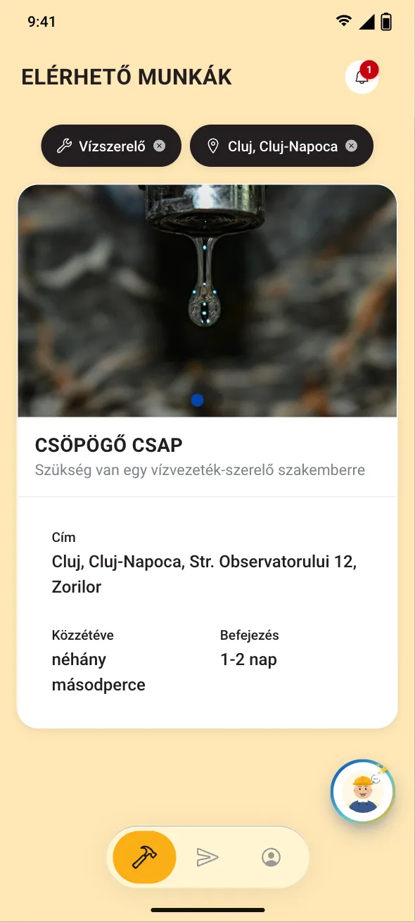 Egy mester „Elérhető munkák” listája: a „Csöpögő csap” kérés fotóval és szakmával (példa).