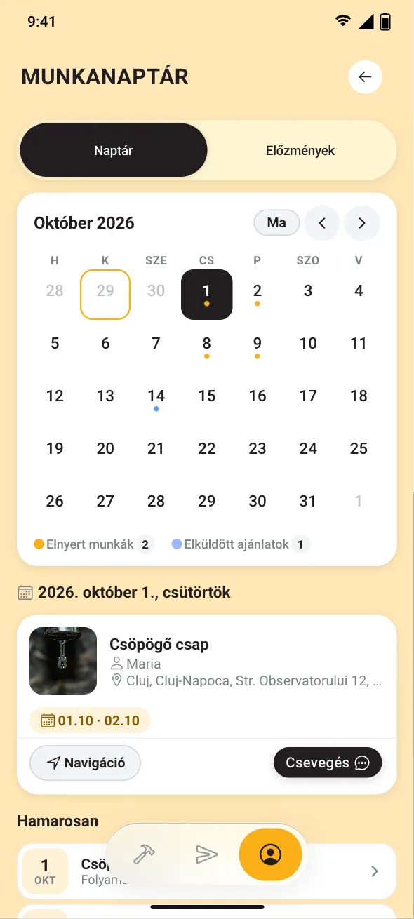 A Munkanaptár: elnyert munkák és elküldött ajánlatok, napokra bontva (példa).