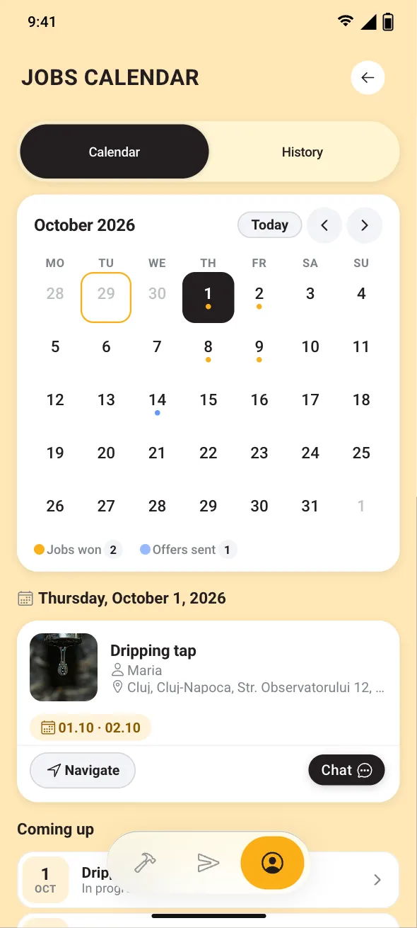 The jobs calendar: jobs won and offers sent, day by day (example).