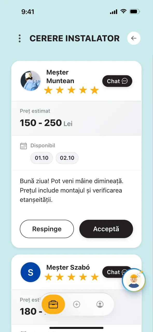 Oferta unui meșter: ratingul, intervalul de preț estimat în lei, zilele disponibile și butonul Chat (exemplu).