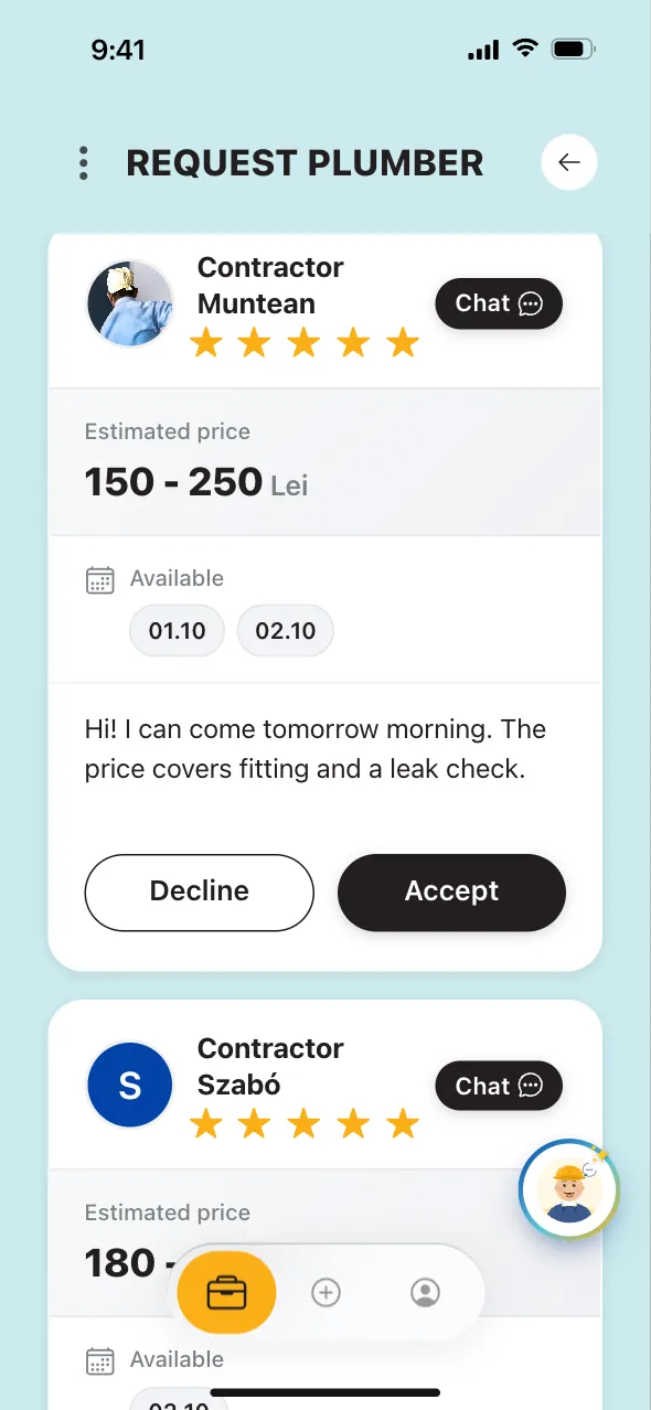A tradesperson’s offer: their rating, an estimated price range in lei, the days they can come and a Chat button (example).
