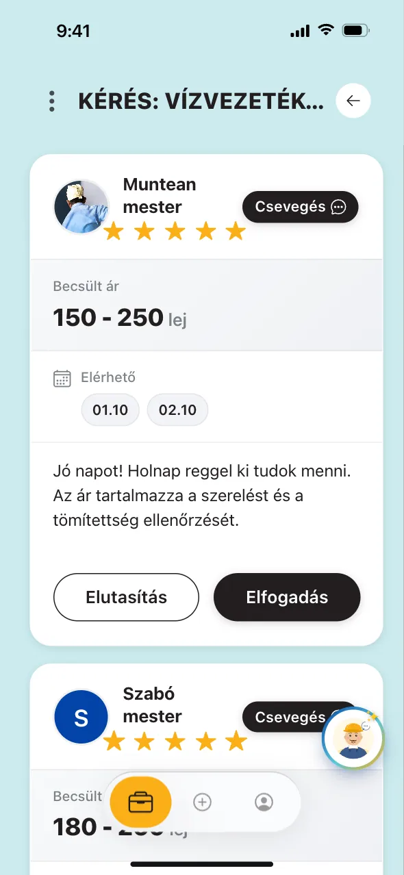 Egy mester ajánlata: értékelés, becsült ársáv lejben, elérhető napok és Csevegés gomb (példa).