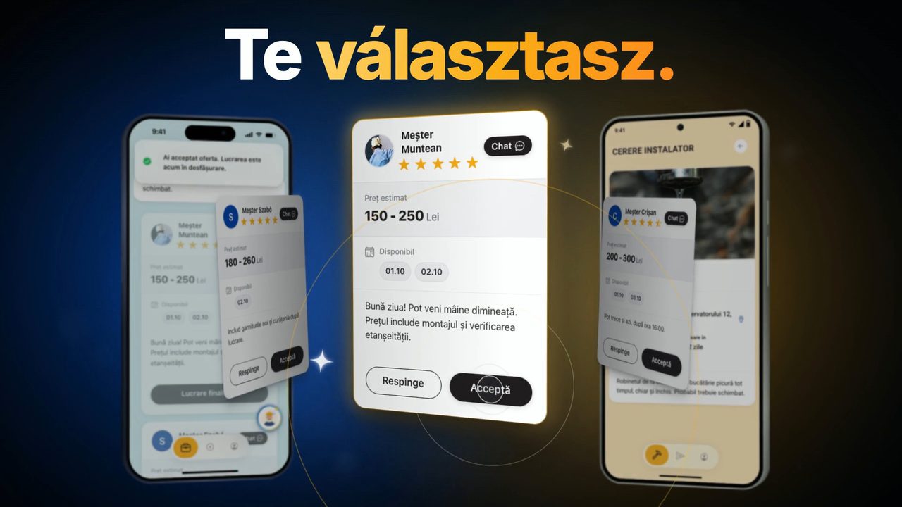 Mesteri ajánlatok becsült árral és elérhető napokkal; az ügyfél elfogadja a kiválasztottat (példa, román felület).
