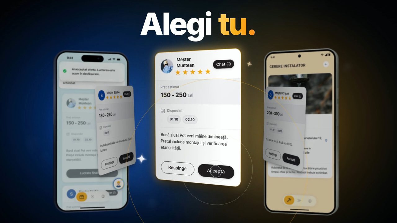 Ofertele meșterilor, cu preț estimat și zile disponibile; clienta o acceptă pe cea aleasă (exemplu).